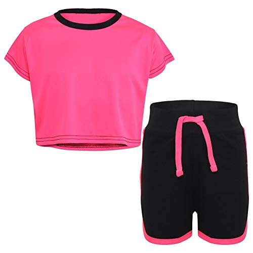 A2Z 4 Kids Schwarzes und neonfarbenes Crop Top und Shorts, Kontrastfarbe, kurze Ärmel, T-Shirt, Sommer-Outfit, 2-teilig, Activewear für Mädchen und Jungen, Alter 5–13 Jahre, neon pink, 5-6 Jahre von A2Z 4 Kids