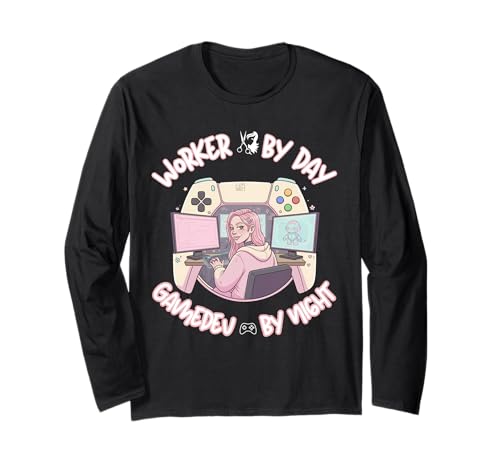 Arbeiter bei Tag Gamedev bei Nacht - Süßes Pinky Girl Langarmshirt von AAA Style Indie Game developer