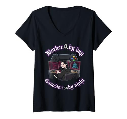 Damen Arbeiter bei Tag Gamedev bei Nacht - Gothic Dark Girl T-Shirt mit V-Ausschnitt von AAA Style Indie Game developer