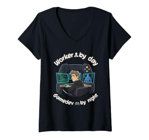 Damen Arbeiter bei Tag Gamedev bei Nacht T-Shirt mit V-Ausschnitt Damen Arbeiter bei Tag Gamedev bei Nacht T-Shirt mit V-Ausschnitt von AAA Style Indie Game developer