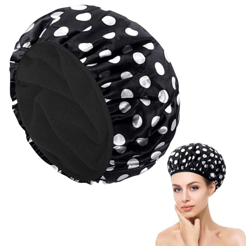 Duschhaube Damen,Dreilagige Satin Shower Cap,Wasserdichte mit Mikrofaser Innenfutter,Wiederverwendbare Extragroße Hair Bonnet,Duschhaube für Alle Haarlängen (Schwarze Punkte) von AABDTYYD