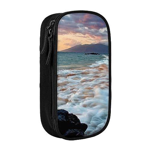 AABSTBFM Beach Maui Hawaii Sonnenuntergang Meer Wellen Wolken Federmäppchen Große Kapazität Fach Federmäppchen Tasche mit Reißverschluss – Ideales Geschenk für Schule, Büro und Reisen, Schwarz, von AABSTBFM