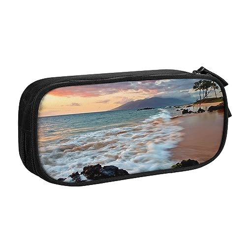 AABSTBFM Beach Maui Hawaii Sonnenuntergang Meer Wellen Wolken Federmäppchen Stiftetui Tasche mit Reißverschluss, Schwarz Große Kapazität Federmäppchen für Schule, Büro und Reisen, Schwarz , von AABSTBFM