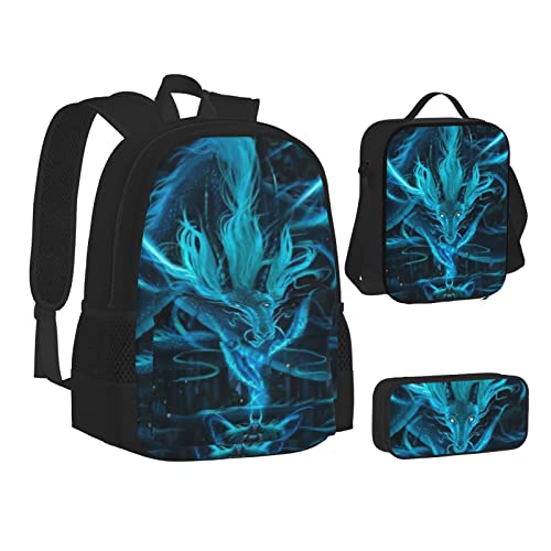 AABSTBFM Blue Flame Schulbücher-Set mit Lunchtasche, Federmäppchen, Reise, Laptop, Rucksack, Schultasche, 3-teiliges Set, Blauer Drache und Mädchen, Einheitsgröße, Schulrucksack von AABSTBFM