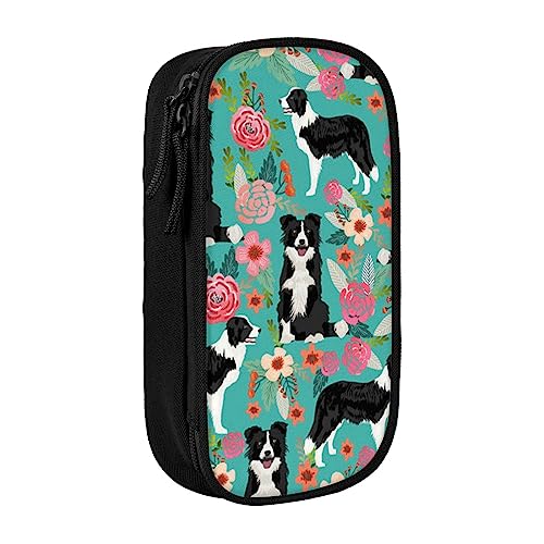 AABSTBFM Border Collie Federmäppchen mit Blumenmuster, großes Fassungsvermögen, mit Reißverschluss, ideales Geschenk für Schule, Büro und Reisen, Schwarz, Schwarz , Einheitsgröße, Schulranzen von AABSTBFM