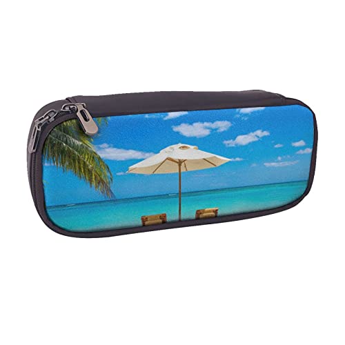 AABSTBFM Federmäppchen aus Leder, Motiv: tropischer Strand, Palme, Sonnenuntergang, bedruckt, Mehrzweck-Stifttasche und Make-up-Tasche für Schule, Büro und Reisen, White Beach Tropical Sea, von AABSTBFM