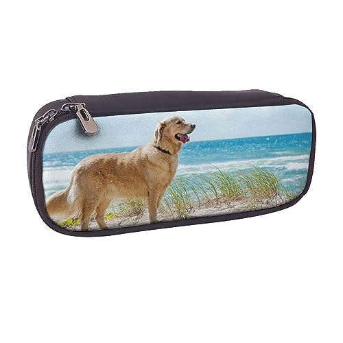 AABSTBFM Federmäppchen aus Leder, Weihnachtsmotiv, goldfarben, bedruckt, Mehrzweck-Stiftbeutel und Make-up-Tasche für Schule, Büro und Reisen, Golden Retriever, Einheitsgröße, Schulranzen von AABSTBFM