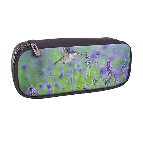 AABSTBFM Federmäppchen aus Leder mit Yorkie-Blumenmuster – Mehrzweck-Stifttasche und Make-up-Tasche für Schule, Büro und Reisen, Vogel in lila Lavendel Blumen, Einheitsgröße, Schulranzen von AABSTBFM