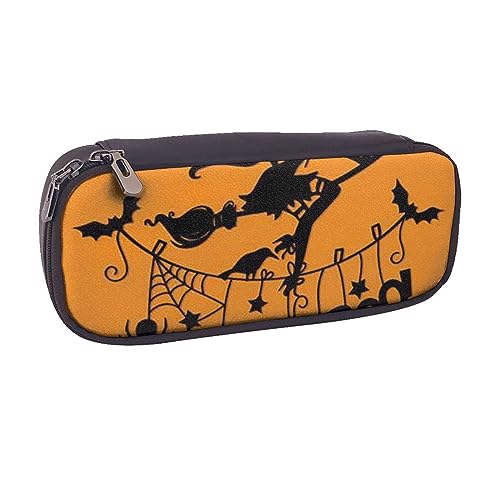 AABSTBFM Federmäppchen aus bedrucktem Leder mit Bauwagen-Motiv, Mehrzweck-Stifttasche und Make-up-Tasche für Schule, Büro und Reisen, Halloween Hexe fliegend, Einheitsgröße, Schulranzen von AABSTBFM