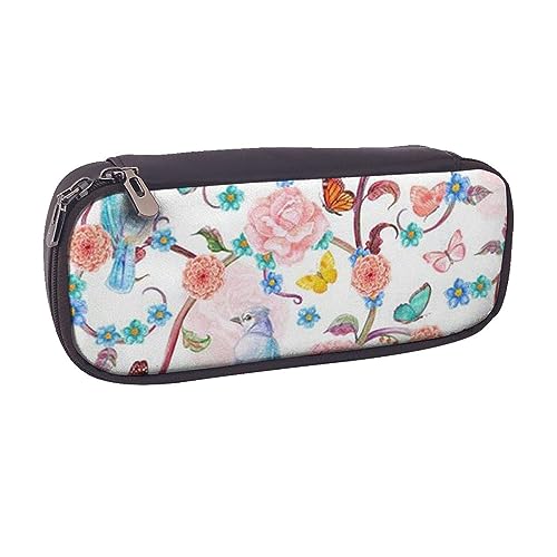 AABSTBFM Federmäppchen aus bedrucktem Leder mit Bauwagen-Motiv, Mehrzweck-Stifttasche und Make-up-Tasche für Schule, Büro und Reisen, Romantische Ausgefallene Blumen Vögel Schmetterling, von AABSTBFM