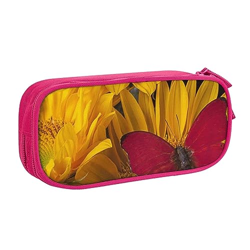 AABSTBFM Gelbe Sonnenblumen mit rotem Schmetterling, Federmäppchen mit Reißverschluss, schwarze große Kapazität Federmäppchen für Schule, Büro und Reisen, rose, Einheitsgröße, Schulranzen von AABSTBFM