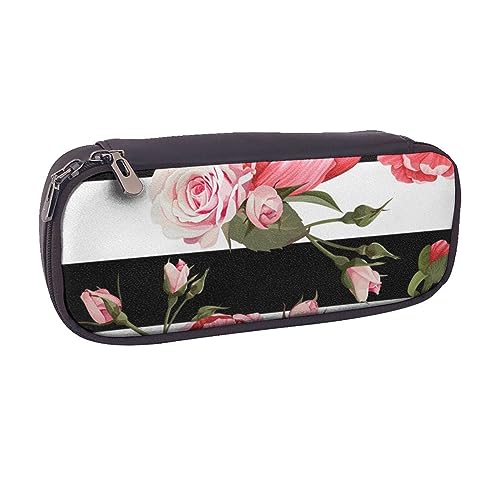 AABSTBFM London Bedrucktes Federmäppchen aus Leder – Mehrzweck-Stifttasche und Make-up-Tasche für Schule, Büro und Reisen, Schwarz-weiß gestreifte Blumen, Einheitsgröße, Schulranzen von AABSTBFM