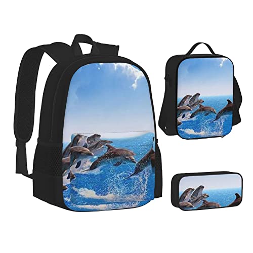 AABSTBFM Mädchen Tanzschmetterling Schule Büchertaschen Set mit Mittagessen Tasche Federmäppchen Reise Laptop Rucksack Schultasche 3-teiliges Set, Einzigartiger 3D-Tier-Delfin, Einheitsgröße, Schulrucksack von AABSTBFM