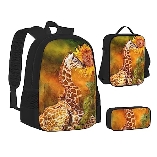 AABSTBFM Mädchen Tanzschmetterling Schule Büchertaschen Set mit Mittagessen Tasche Federmäppchen Reise Laptop Rucksack Schultasche 3-teiliges Set, Giraffe und Sonnenblume, Einheitsgröße, Schulrucksack von AABSTBFM