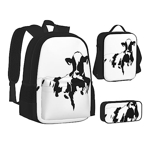 AABSTBFM Mädchen Tanzschmetterling Schule Büchertaschen Set mit Mittagessen Tasche Federmäppchen Reise Laptop Rucksack Schultasche 3-teiliges Set, Kuh in Schwarz und Weiß, Einheitsgröße, Schulrucksack von AABSTBFM