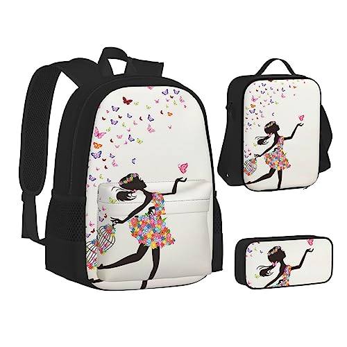 AABSTBFM Mädchen Tanzschmetterling Schule Büchertaschen Set mit Mittagessen Tasche Federmäppchen Reise Laptop Rucksack Schultasche 3-teiliges Set, Mädchen Dance Butterfly, Einheitsgröße, Schulrucksack von AABSTBFM