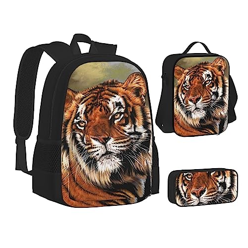 AABSTBFM Mädchen Tanzschmetterling Schule Büchertaschen Set mit Mittagessen Tasche Federmäppchen Reise Laptop Rucksack Schultasche 3-teiliges Set, Niedlicher Tiger, Einheitsgröße, Schulrucksack von AABSTBFM