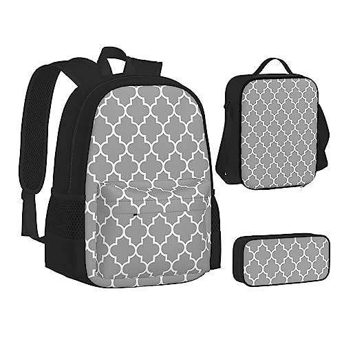 AABSTBFM Mädchen Tanzschmetterling Schule Büchertaschen Set mit Mittagessen Tasche Federmäppchen Reise Laptop Rucksack Schultasche 3-teiliges Set, Quatrefoil Grau, Einheitsgröße, Schulrucksack von AABSTBFM