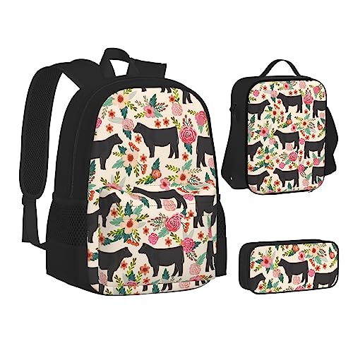 AABSTBFM Mädchen Tanzschmetterling Schule Büchertaschen Set mit Mittagessen Tasche Federmäppchen Reise Laptop Rucksack Schultasche 3-teiliges Set, Rinderfarm Sanctuary, Einheitsgröße, Schulrucksack von AABSTBFM