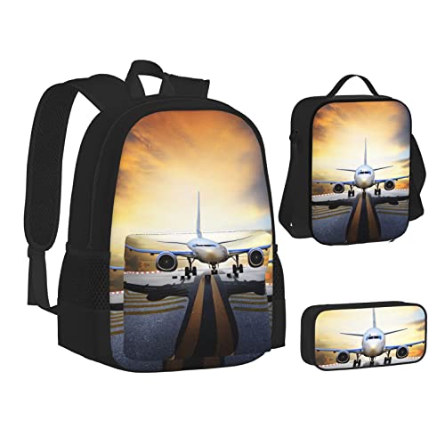 AABSTBFM Mädchen Tanzschmetterling Schule Büchertaschen Set mit Mittagessen Tasche Federmäppchen Reise Laptop Rucksack Schultasche 3-teiliges Set, Rucksack Flugzeug, Einheitsgröße, Schulrucksack von AABSTBFM