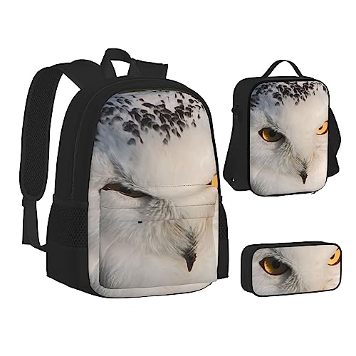 AABSTBFM Mädchen Tanzschmetterling Schule Büchertaschen Set mit Mittagessen Tasche Federmäppchen Reise Laptop Rucksack Schultasche 3-teiliges Set, Schneeeule Augen, Einheitsgröße, Schulrucksack von AABSTBFM