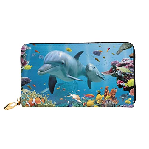 AABSTBFM Ocean Dolphin Looking at You Printed Leather Wallet for Men Women Gift Zipper Purse Clutch Bag Long Coin Pocket with 12 Credit Card Holder and 3 Banknote Compartments, Ocean Delphin Blick auf von AABSTBFM