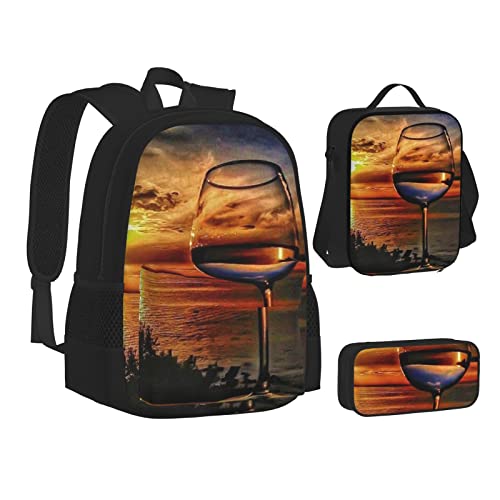 AABSTBFM Onyx Stone Blassblaues Schulbücher-Set mit Lunchtasche, Federmäppchen, Reise, Laptop, Rucksack, Schultasche, 3-teiliges Set, Weinglas Sunset, Einheitsgröße, Schulrucksack von AABSTBFM