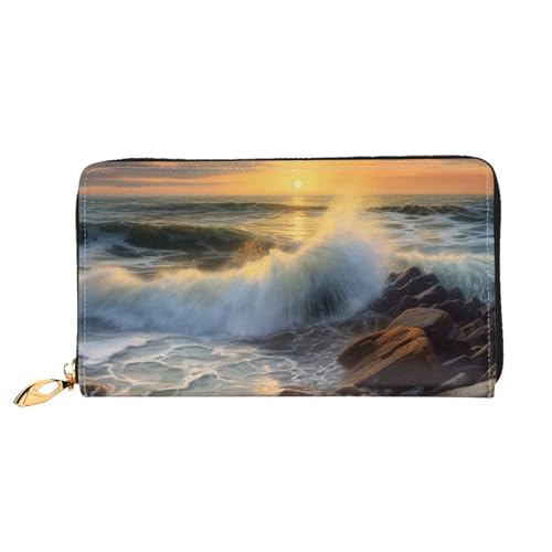 AABSTBFM Rocky Wave Sunset Painting Printed Leather Wallet for Women Men Zipper Purse Clutch Bag Long Wallet Card Holder, Schwarz , Einheitsgröße, Modern von AABSTBFM