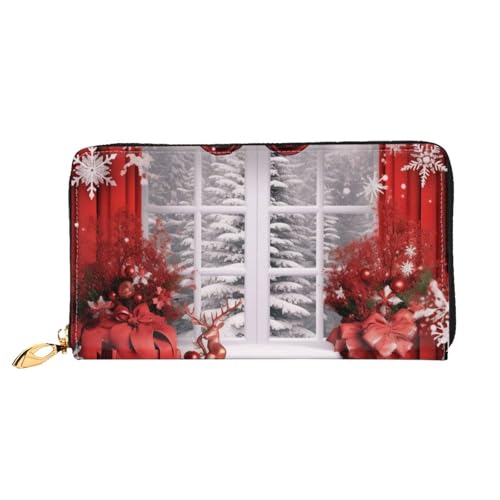 AABSTBFM Rote Weihnachts-bedruckte Ledergeldbörse für Damen und Herren, Reißverschluss, Clutch, lange Geldbörse, Kartenhalter, Schwarz , Einheitsgröße, Modern von AABSTBFM