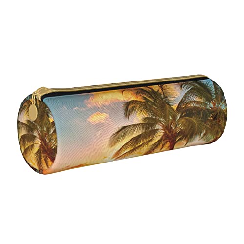 AABSTBFM Rundes Federmäppchen aus Leder, mit Reißverschluss, vielseitig und langlebig, ideales Geschenk für Schule, Büro und Reisen, Tropischer Strand Palme Sonnenuntergang, Einheitsgröße, Schulranzen von AABSTBFM