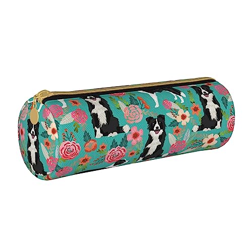 AABSTBFM Rundes Federmäppchen mit gruseligem Totenkopf, niedliches Leder, Reißverschluss, vielseitig und langlebig für Schule, Büro und Reisen, Border Collie Florals, Einheitsgröße, Schulranzen von AABSTBFM