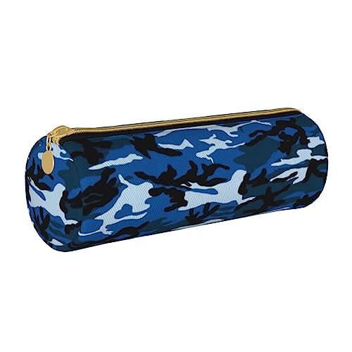 AABSTBFM Rundes Federmäppchen mit gruseligem Totenkopf, niedliches Leder, Reißverschluss, vielseitig und langlebig für Schule, Büro und Reisen, blau camouflage, Einheitsgröße, Schulranzen von AABSTBFM