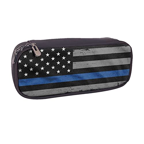 AABSTBFM Schwarzes Federmäppchen aus Leder mit Glitzer-Aufdruck – Mehrzweck-Stifttasche und Make-up-Tasche für Schule, Büro und Reisen, American Thin Blue Line Flagge, Einheitsgröße, Schulranzen von AABSTBFM