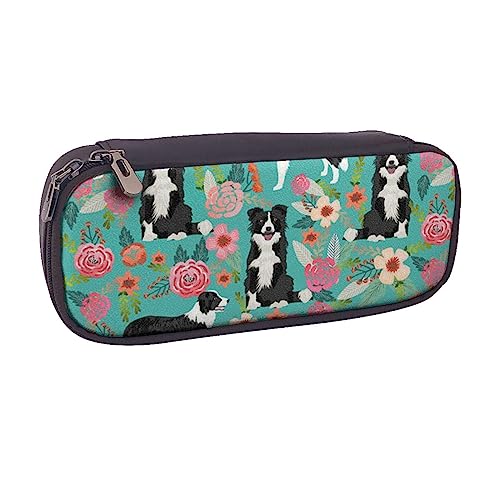 AABSTBFM Schwarzes Federmäppchen aus Leder mit Glitzer-Aufdruck – Mehrzweck-Stifttasche und Make-up-Tasche für Schule, Büro und Reisen, Border Collie Florals, Einheitsgröße, Schulranzen von AABSTBFM