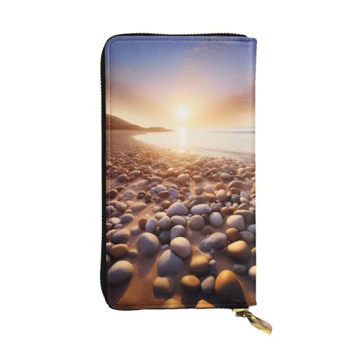 AABSTBFM Sun The Beach with Pebbles Printed Leather Wallet for Women Men Zipper Purse Clutch Bag Long Wallet Card Holder, Schwarz , Einheitsgröße, Modern von AABSTBFM