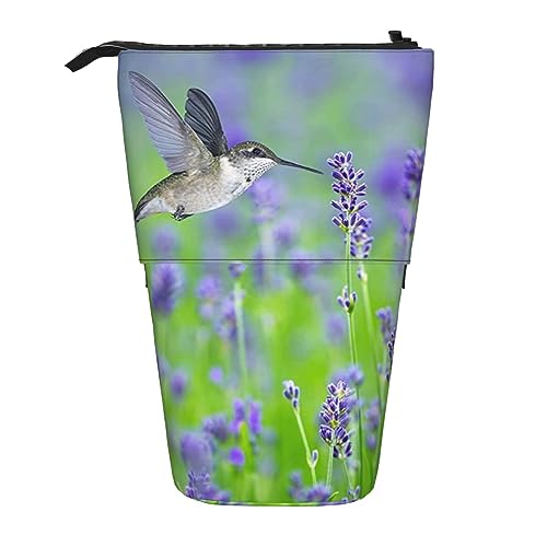 AABSTBFM Yorkie Floral erweiterbares vertikales Federmäppchen – Mehrzweck-Stifttasche und Make-up-Tasche für Schule, Büro und Reisen, Vogel in lila Lavendel Blumen, Einheitsgröße, Schulranzen von AABSTBFM