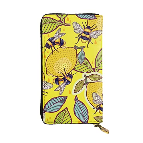 Gelb Lemon and Bee Printed Leather Wallet for Women Men Zipper Purse Clutch Bag Long Wallet Credit Card Holder, Gelbe Zitrone und Biene, Einheitsgröße von AABSTBFM