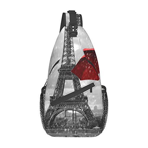 Herren Schultertasche Eiffelturm mit rotem Regenschirm, bedruckt, Crossbody-Rucksack, Wandern, Sport, Brusttasche für Damen und Herren, Eiffelturm mit rotem Schirm, Einheitsgröße, Wanderrucksack von AABSTBFM