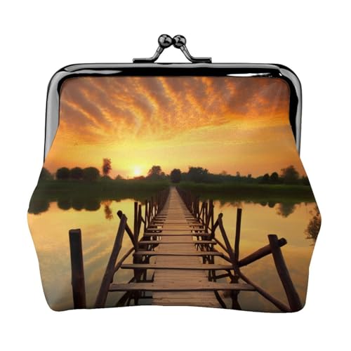 Sunset Atemberaubende Lake Bridge Prints Münzgeldbörse Kussschloss PU-Leder Mini-Tasche Geldbörse Kleingeldtasche für Damen Mädchen Kinder, Schwarz , Einheitsgröße, Münztasche von AABSTBFM