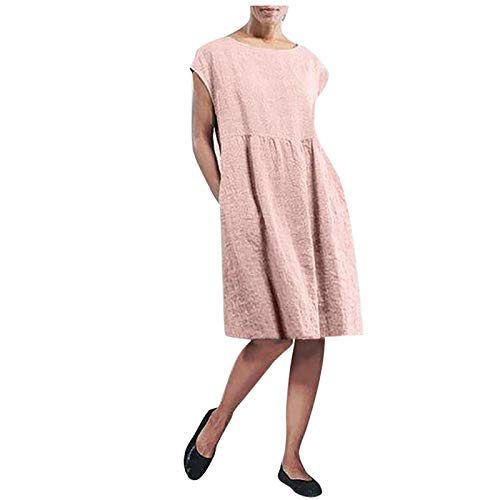 AACH Angebote des Tages Heute Deal Sommerkleid Damen Leinen Kleider Casual O-Ausschnitt Midikleid Kurzarm Einfarbiges Kleid Hohe Taille Strandkleid Relaxed Fit Shirtkleider Luftig Sommerkleider von AACH