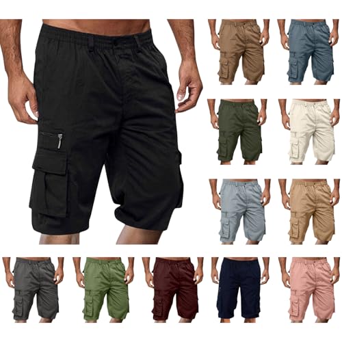 Cargo Shorts Herren Kurze Hosen Sommer Einfarbige Cargoshorts Elastische Taille Sommerhose mit Tasche Reißverschluss Sportshorts Kurz Laufhose Outdoor Jogginghose Locker Freizeithosen von AACH