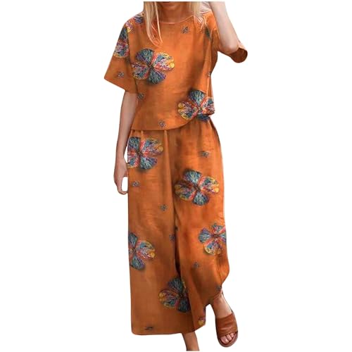 AACH Damen Boho 2-teiliges Sommer Vintage Leinenanzug Bohemian Print Kurzarm T-Shirt Hose Zweiteiler Y2K Aesthetic Streetwear Große Größe Weite Freizeitanzug Modische Casual Lounge Set von AACH