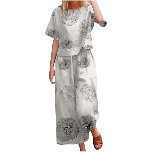 AACH Damen Boho 2-teiliges Sommer Vintage Leinenanzug Bohemian Print Kurzarm T-Shirt Hose Zweiteiler Y2K Aesthetic Streetwear Große Größe Weite Freizeitanzug Modische Casual Lounge Set von AACH