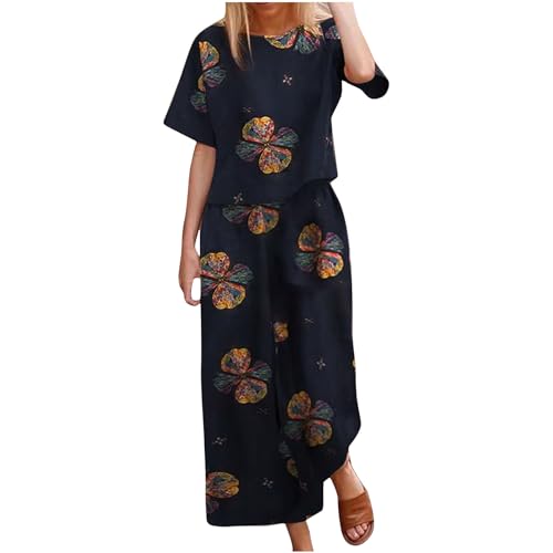 AACH Damen Boho 2-teiliges Sommer Vintage Leinenanzug Bohemian Print Kurzarm T-Shirt Hose Zweiteiler Y2K Aesthetic Streetwear Große Größe Weite Freizeitanzug Modische Casual Lounge Set von AACH