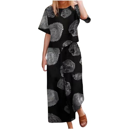 AACH Damen Boho 2-teiliges Sommer Vintage Leinenanzug Bohemian Print Kurzarm T-Shirt Hose Zweiteiler Y2K Aesthetic Streetwear Große Größe Weite Freizeitanzug Modische Casual Lounge Set von AACH