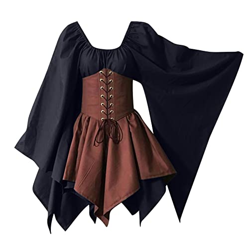 AACH Damen Kleid Mittelalter Kleider Cosplay Vintage Kleidung Große Größen Minikleid Flare Ärmel Festkleid Halloween Karneval Kostüm Mid-Century Partykleid Bound Waist Abendkleid von AACH