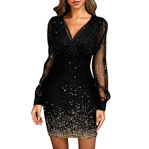 AACH Damen Kleid V-Ausschnitt Partykleid Elegant Glitzerkleid Club Outfits Cocktailkleider Glitzer Etuikleid mit Spitze Eng Pailletten Langarm Pailettenkleider für Glitzer Freizeitkleider (Gold, L) von AACH