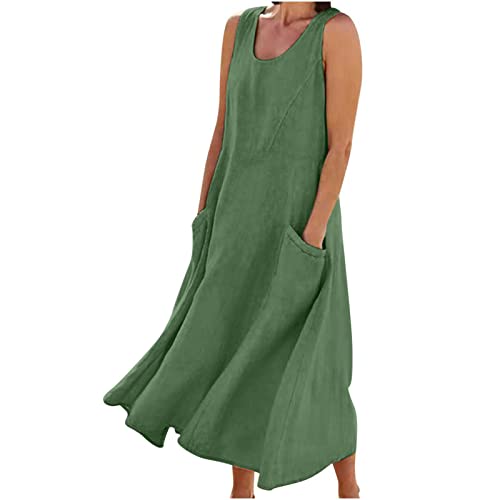 AACH Damen Leinenkleid Sommer Kleid Baumwolle Leinen Freizeitkleid Knielang Strandkleid U-Ausschnitt Sommerkleid Ärmelloses Boho Leinenkleider Einfarbig Strandkleider mit Taschen Kleider von AACH