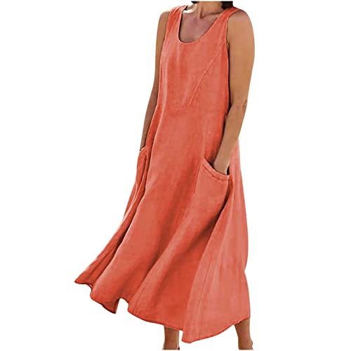 AACH Damen Leinenkleid Sommer Kleid Baumwolle Leinen Freizeitkleid Knielang Strandkleid U-Ausschnitt Sommerkleid Ärmelloses Boho Leinenkleider Einfarbig Strandkleider mit Taschen Kleider von AACH