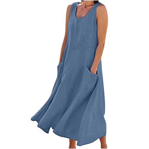 AACH Damen Leinenkleid Sommer Kleid Baumwolle Leinen Freizeitkleid Knielang Strandkleid U-Ausschnitt Sommerkleid Ärmelloses Boho Leinenkleider Einfarbig Strandkleider mit Taschen Kleider von AACH